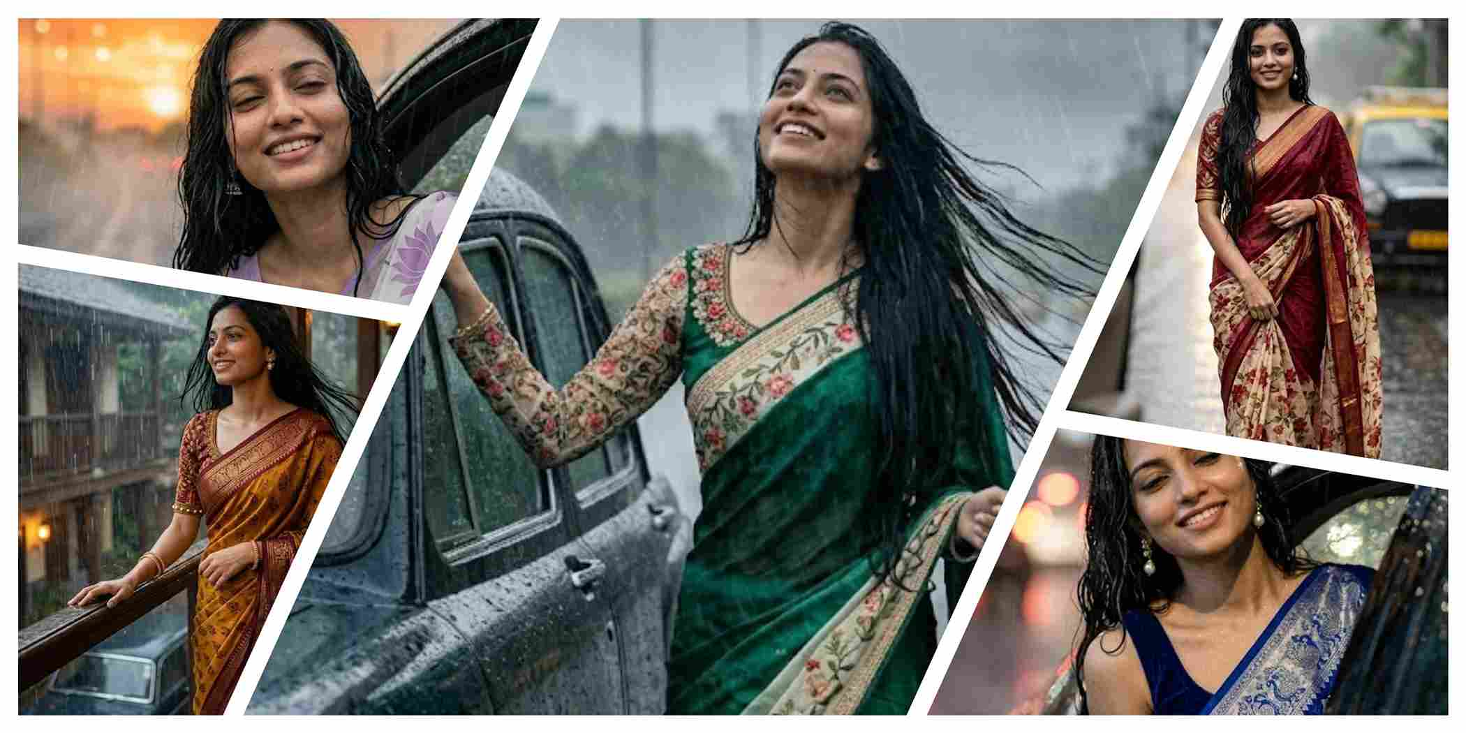 Cinematic Monsoon Saree Portrait AI Prompt | South Indian Girl Rain Scene in 8K